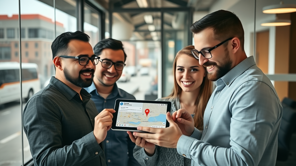 Friendly local Albuquerque SEO team reviewing Google Maps listing analytics on a tablet, discussing SEO strategies in an office with city views