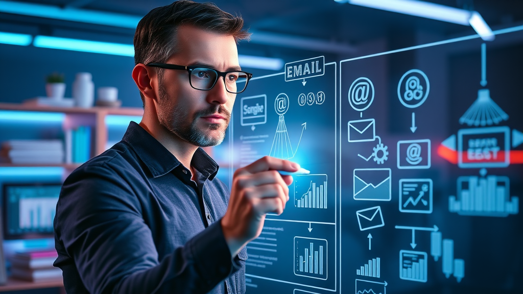 Professional strategist mapping advanced email segmentation, digital whiteboard with customer journey trees and data icons, futuristic office, blue and violet palette
