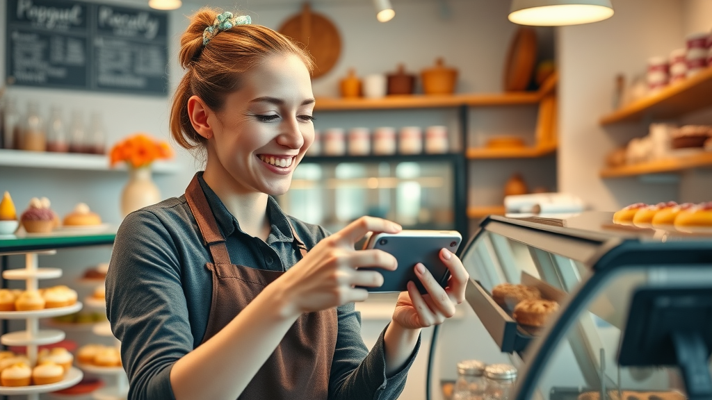 Bakery owner photographing pastries for social media post. Small business content marketing example.