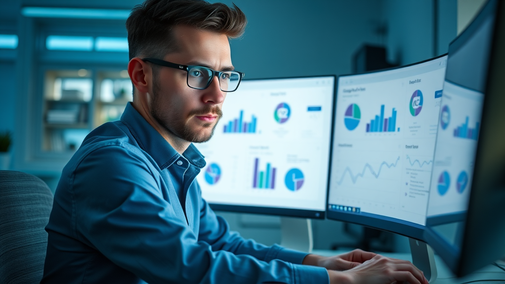 digital marketer in Albuquerque managing Google Ads PPC campaign dashboard, interactive graphs and data