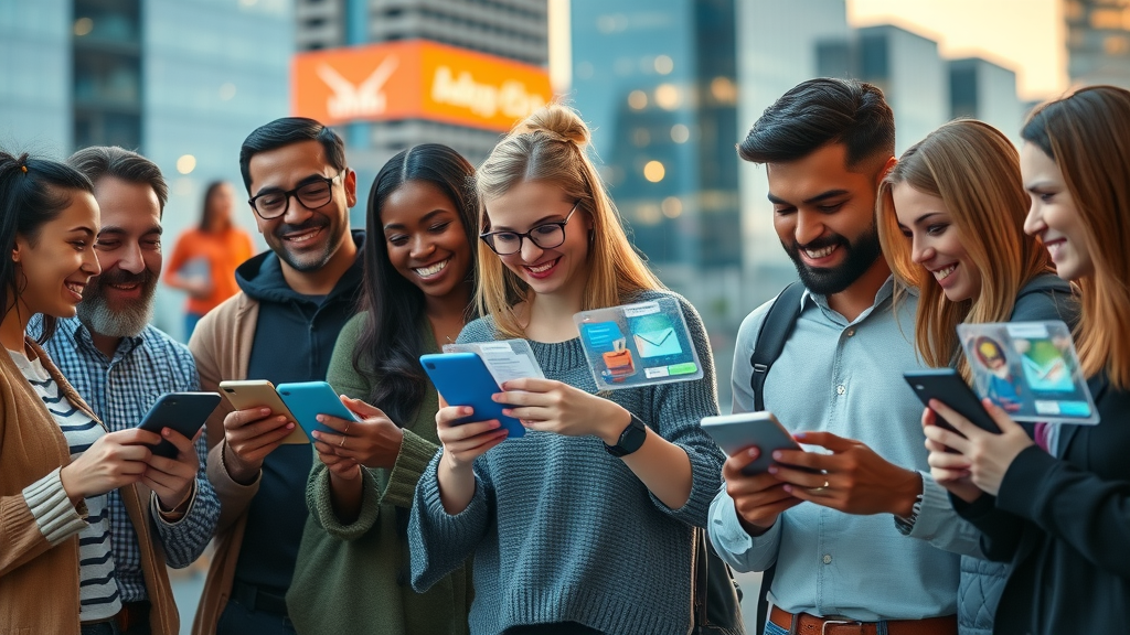 Diverse customers receiving personalized emails on devices, viewing tailored promotions, creative cityscape with digital effects, multi-color tones