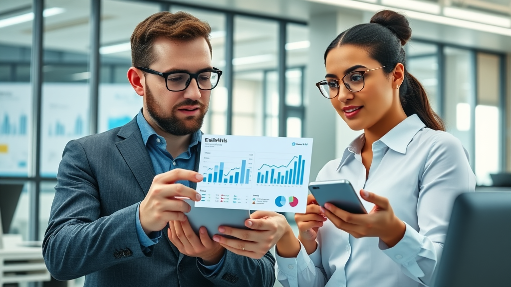 Insightful business professionals analyzing email personalization techniques metrics on digital screens in a modern workspace