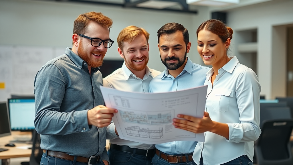 Confident construction business team reviewing digital blueprints to enhance construction lead generation