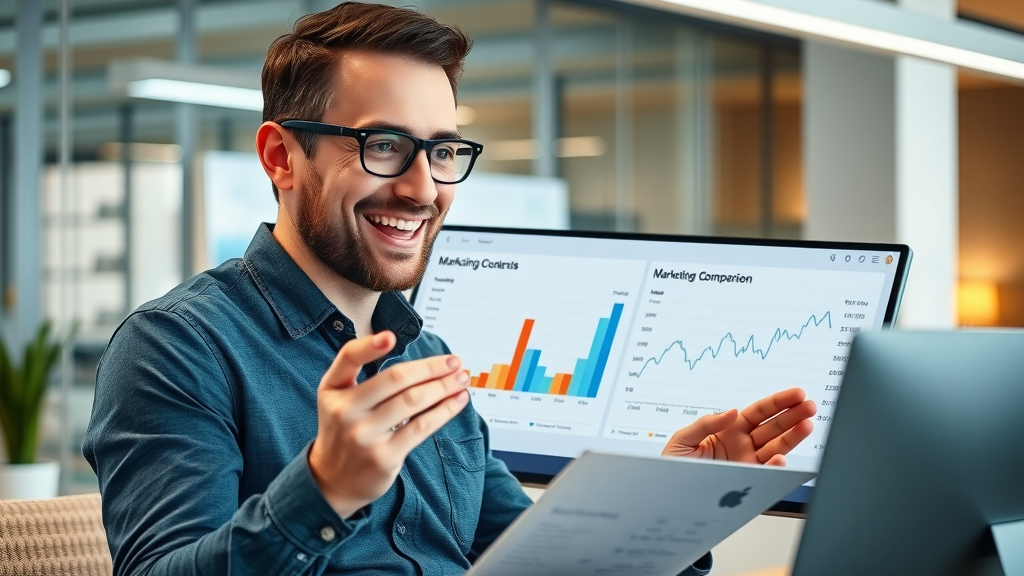 Marketing services cost and ROI comparison chart for small business marketing Albuquerque, business owner analyzing data in modern office