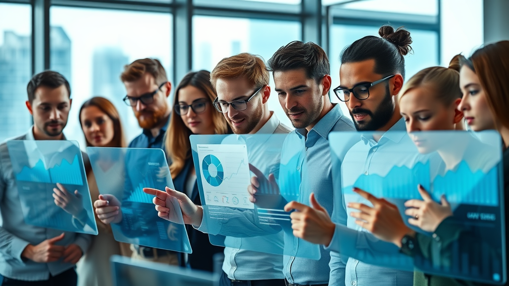 Dynamic group of diverse digital marketers analyzing data on futuristic transparent screens, social media marketing trends 2025, modern high-tech office with glowing trend graphs.