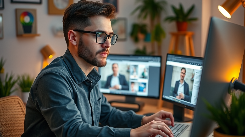 content creator editing video, graphic design tools and blog post drafting, media content types