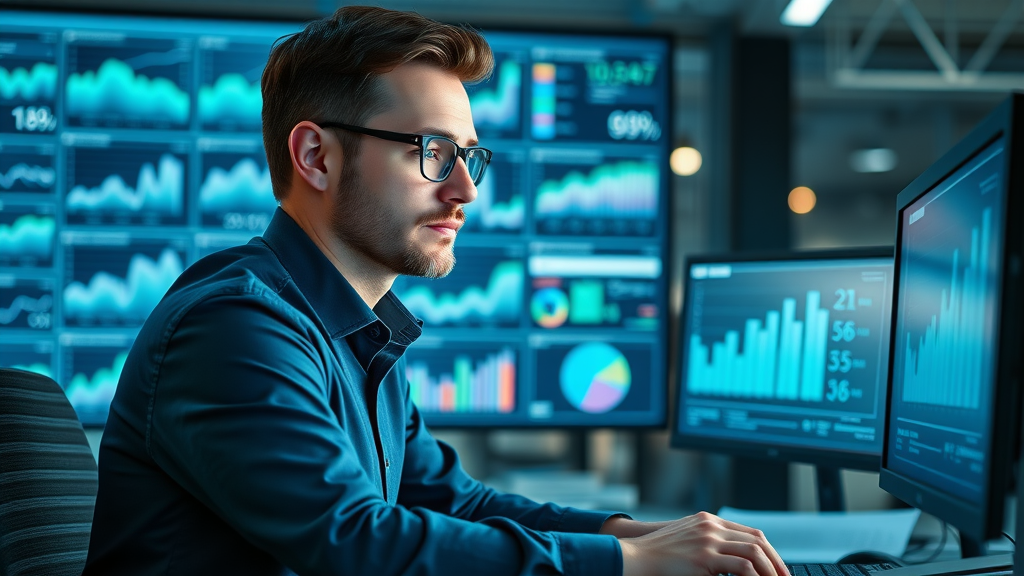 small business owner reviewing email marketing analytics dashboard, analyzing performance metrics for email automation for small business