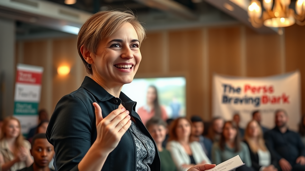 Small business owner speaking at a community event to share expertise. Marketing yourself as a small business.