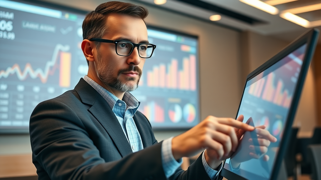 statistician analyzing marketing ROI benchmarks and reporting data