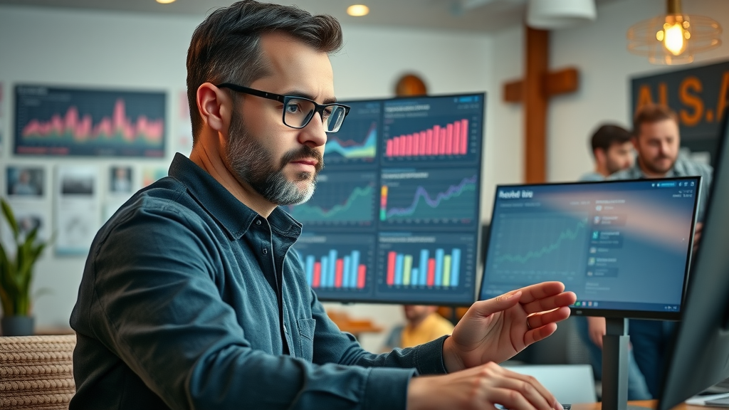 social media marketing for small business in Albuquerque - Dynamic business owner analyzing social media metrics on a modern dashboard, Albuquerque office with New Mexico-inspired decor