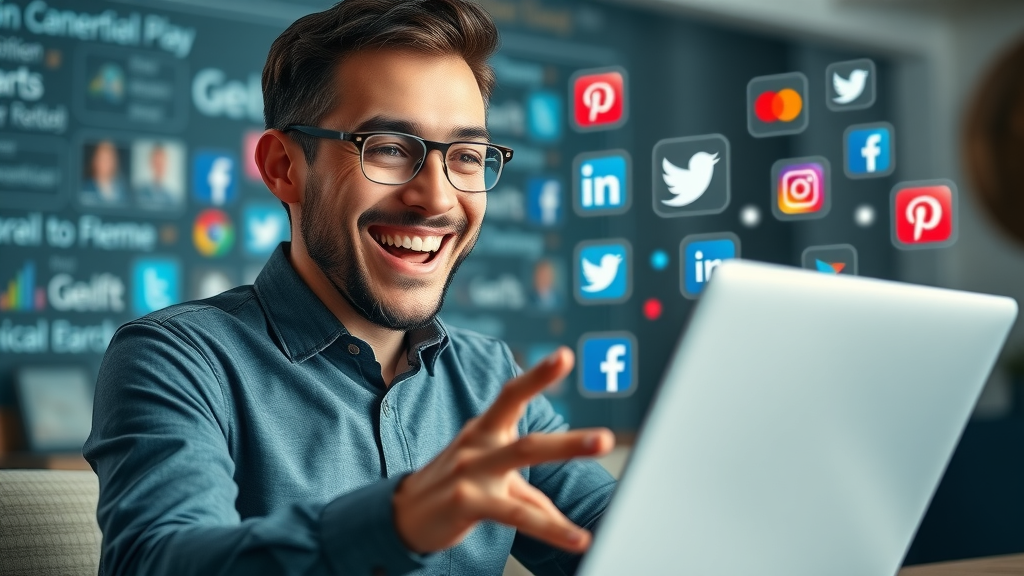 Digital marketer comparing social media platforms for small business in a digital workspace with icons of Facebook, Instagram, LinkedIn, Twitter, Pinterest, TikTok