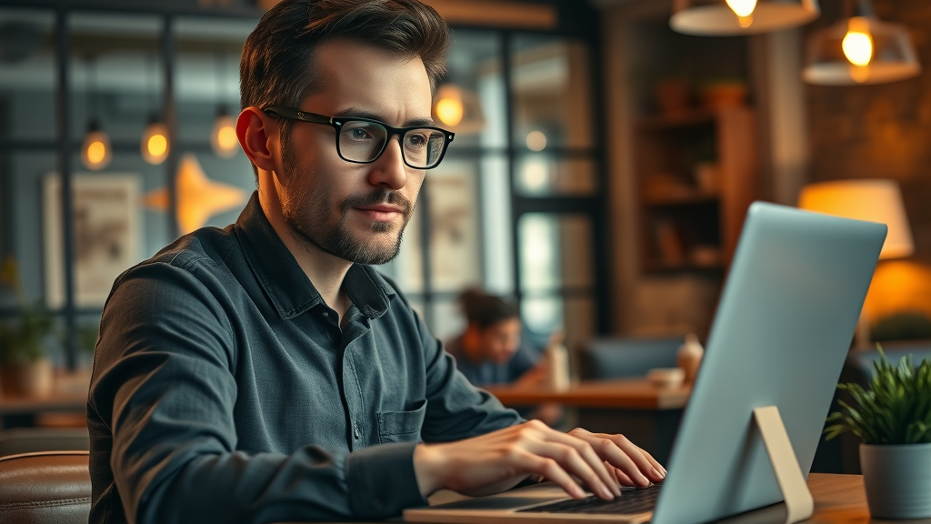 motivated small business owner reviews marketing analytics, content marketing strategy, cozy cafe workplace, hands typing, earth tones