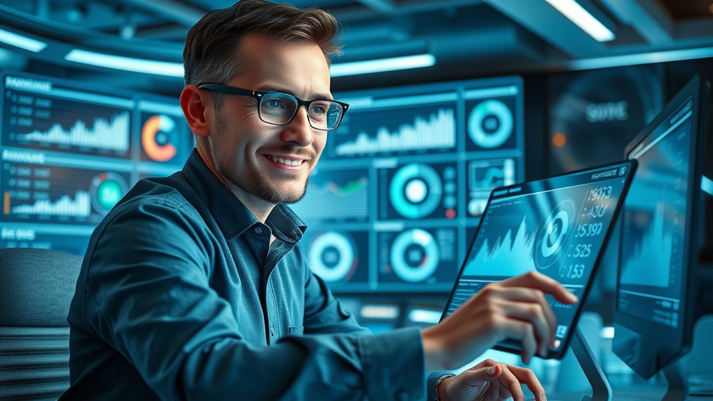 Entrepreneur automating SEO reports in a high-tech workspace