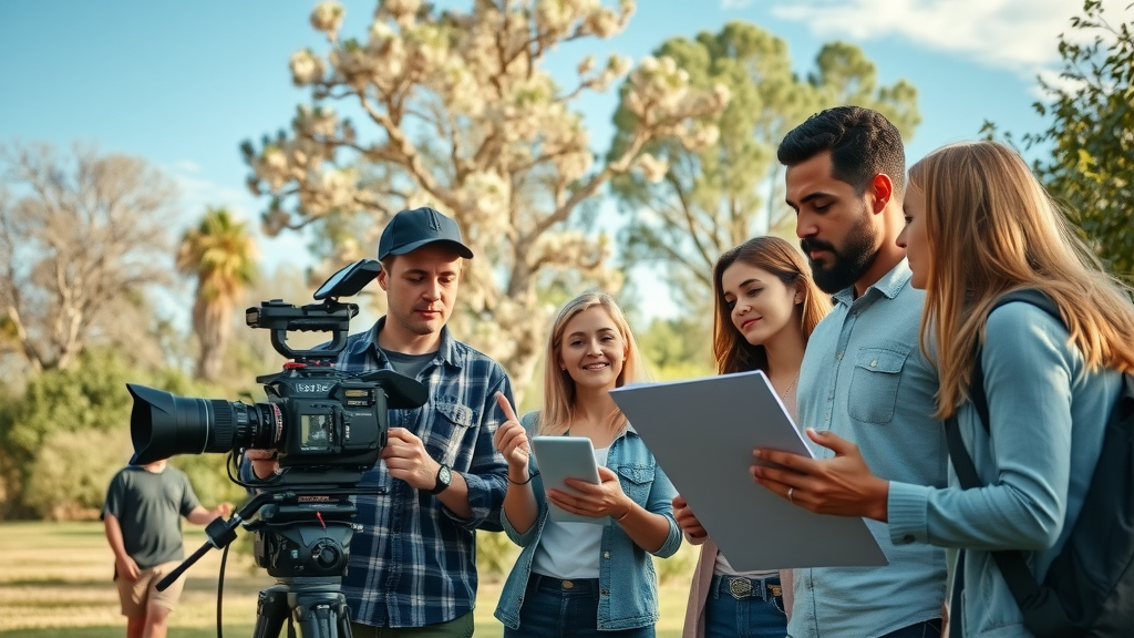 video production for Albuquerque small business, local team filming testimonial in Valencia park, high detail