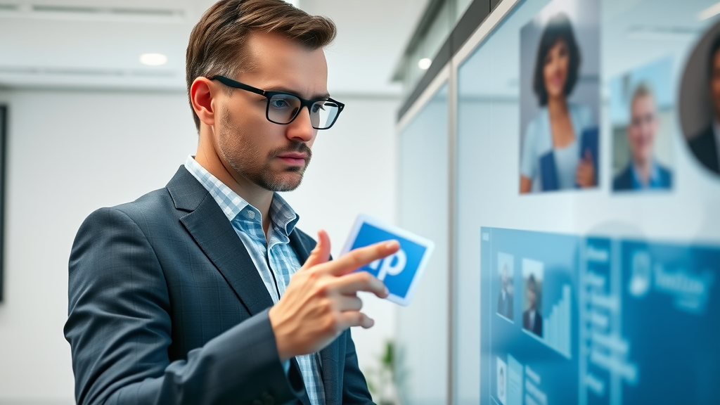 business professional comparing email marketing software on touchscreen display