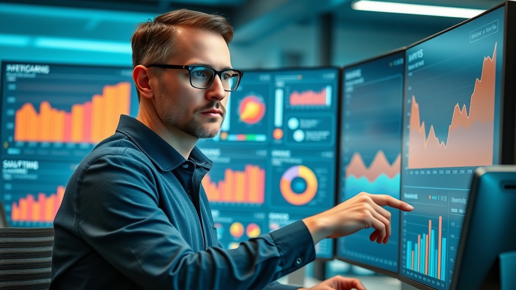 Analytical marketing manager reviewing colorful graphs and KPI charts on screen in modern workspace - analyzing email campaign performance