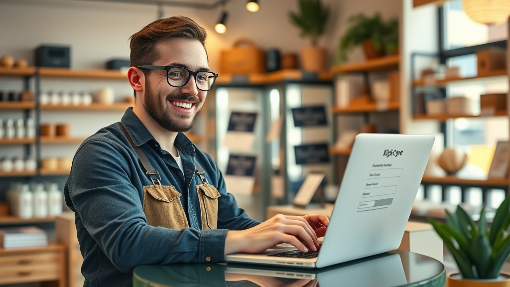 Cheerful small business owner setting up email signup forms on website in friendly retail shop - email list building for small business
