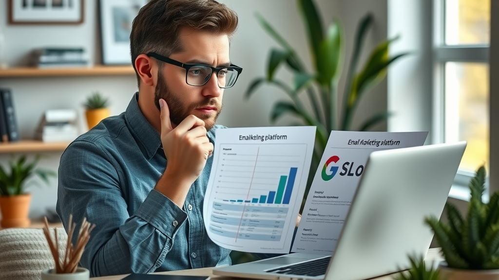 decision maker analyzing email marketing platform comparison chart, thoughtful, selecting the right marketing tool for business in home office