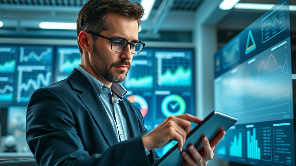 digital marketing dashboard, focused small business owner analyzing data for online marketing