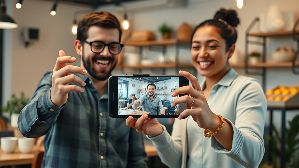 Small business owners filming short video on a smartphone to boost social media engagement small business in a modern shop