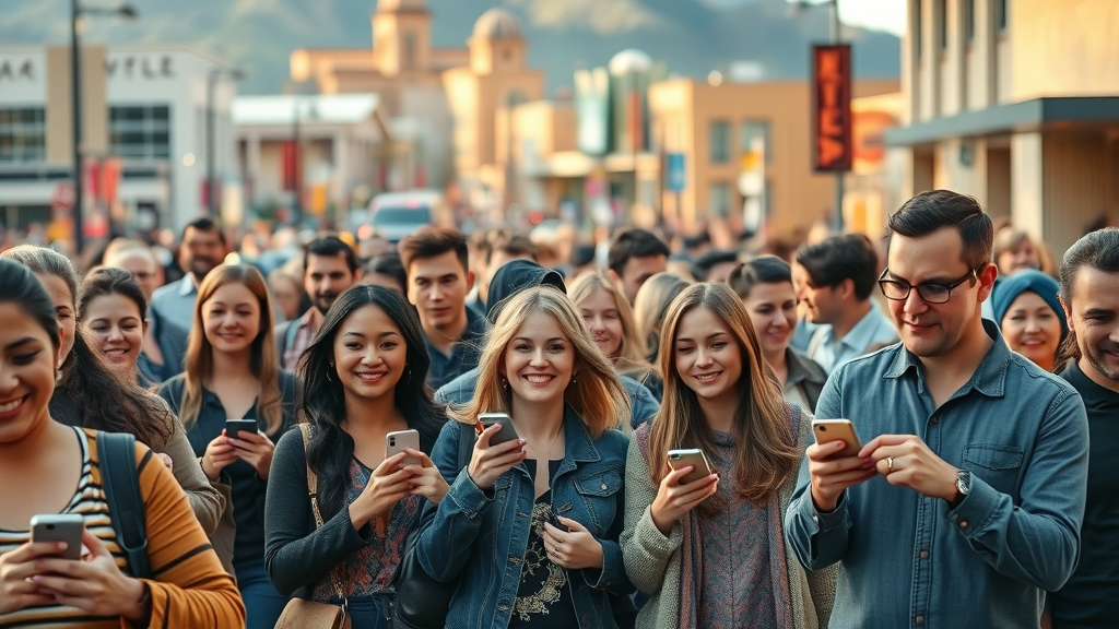 Albuquerque social media tips cityscape crowd engaging with smartphones