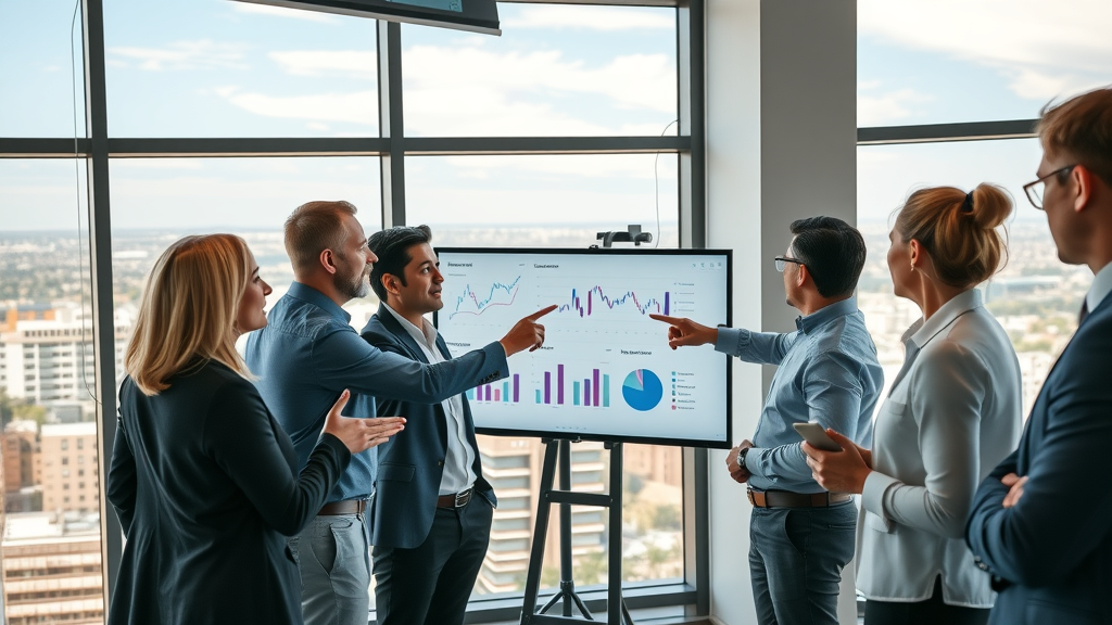 Dynamic corporate team in a modern Albuquerque office engaged in marketing strategy—Albuquerque marketing agencies collaborating with data charts and cityscape views