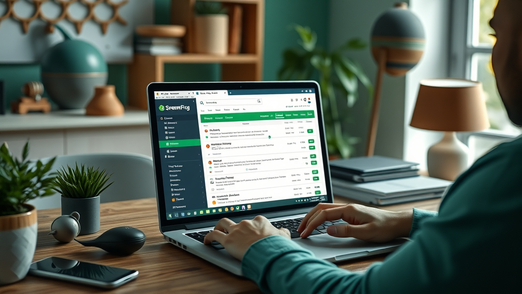 Small business user scanning Screaming Frog technical SEO audit on laptop