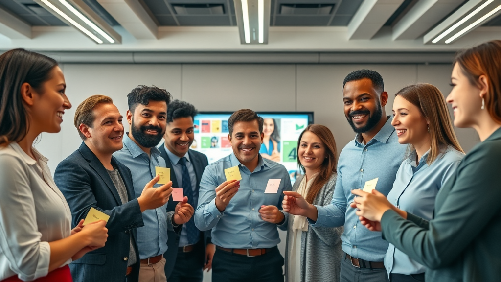 Diverse management team brainstorming quick-win social media strategies for small business in a modern conference room
