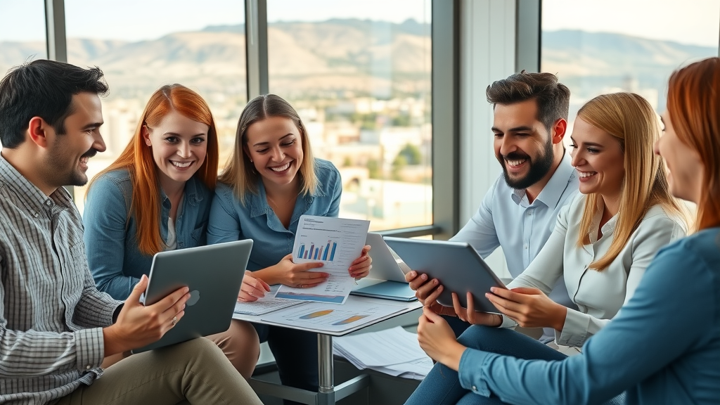 content marketing Albuquerque professionals collaborating in a modern Albuquerque office with city view and digital marketing strategy charts