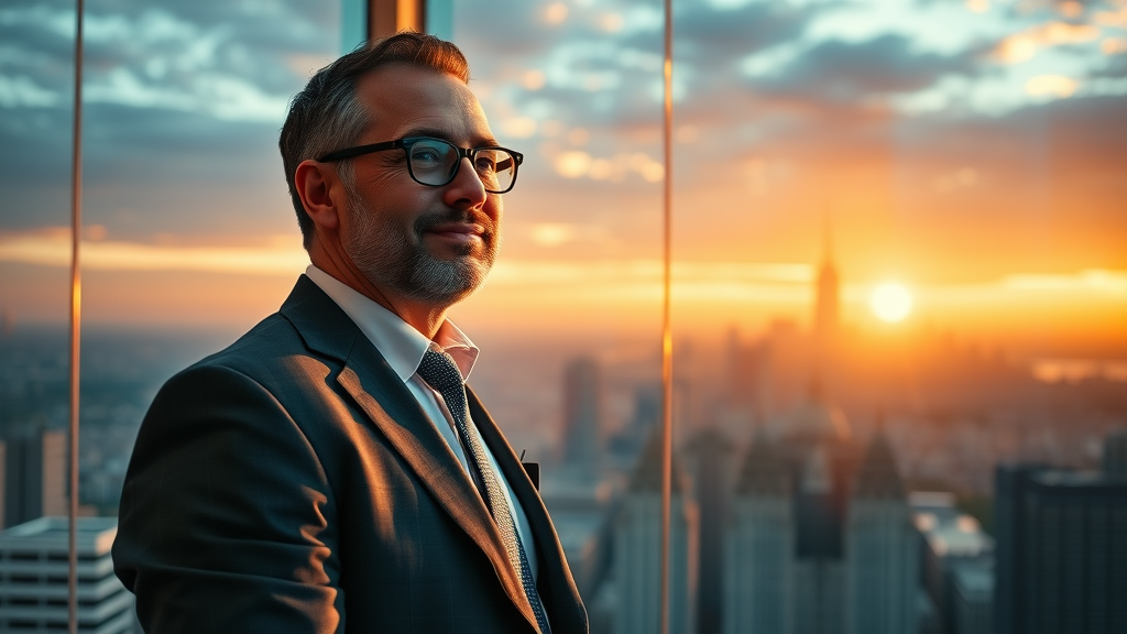 Optimistic business leader overlooking social media growth charts, animated trend lines rising, inspiration for marketing goals 2025.