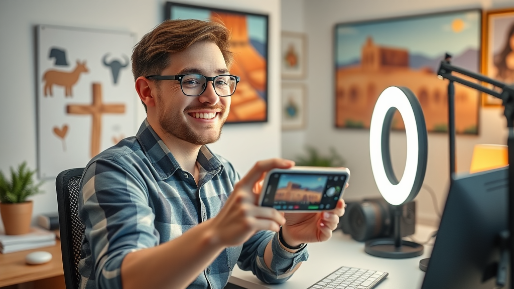 social media marketing for small business in Albuquerque - Content creator in home studio shooting branded product photos, with New Mexican art in the background