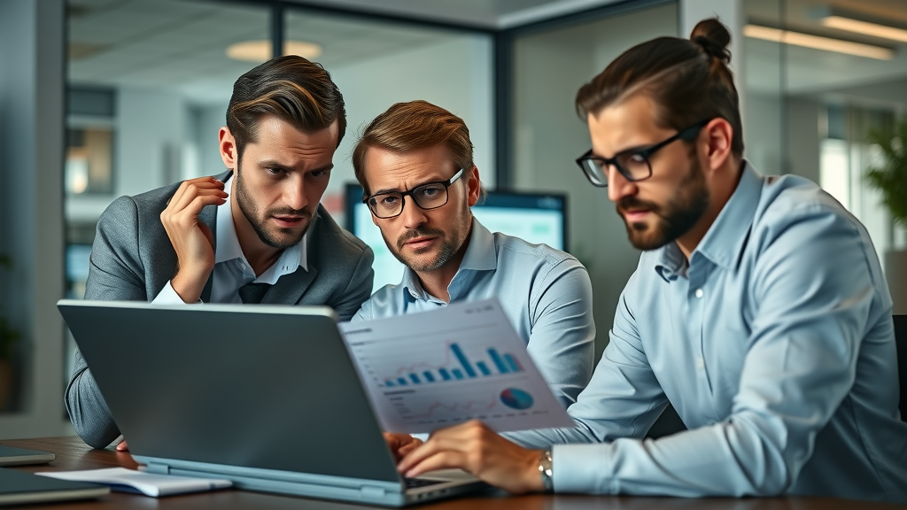 Concerned business team, analyzing social media data for local business social media advertising, confused expressions, reviewing charts on a laptop