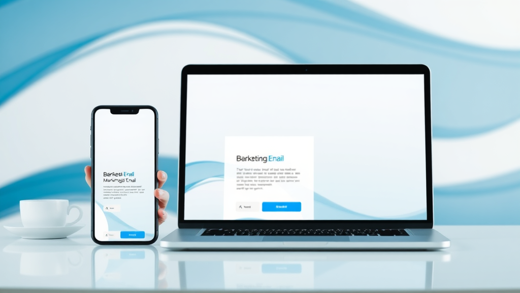 modern responsive email campaign design on devices, high fidelity, clean layout, blue and white theme