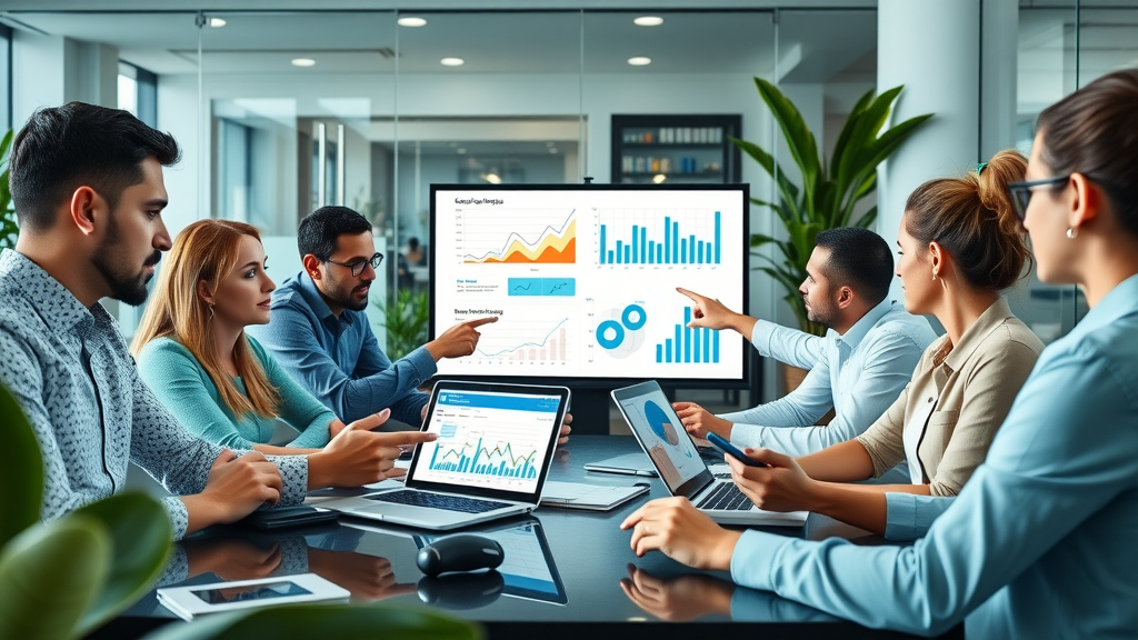 vivid business meeting, diverse digital marketers analyzing email marketing campaign results, modern office, analytics dashboards