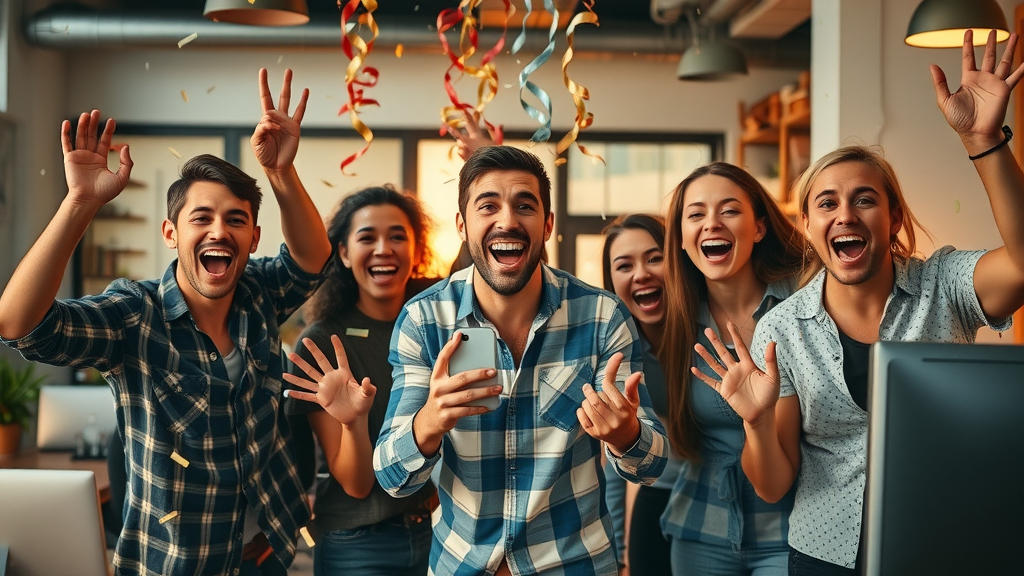 Energetic small business team celebrating increased online engagement, local business social media advertising