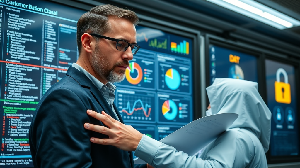 Dashboard displaying customer data collection for personalized email marketing, analyst reviewing privacy checklists, data center, secure environment with charts and lock icons