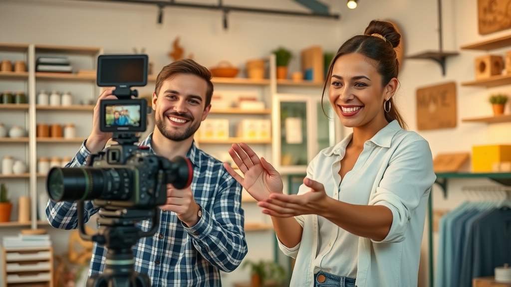 Small business owner filming engaging how-to video content for social media engagement small business in a cheerful store