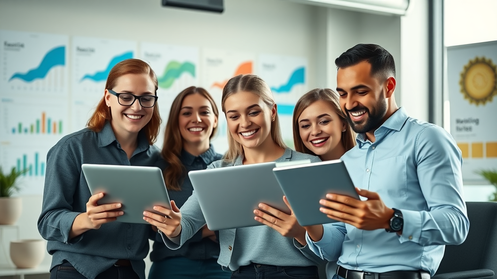 digital marketing for small businesses - Dynamic small business team reviewing marketing analytics in bright modern office