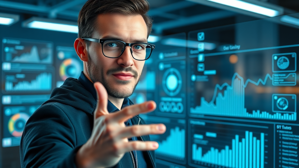 marketer analyzing multi-channel data for content marketing ROI attribution with futuristic dashboard