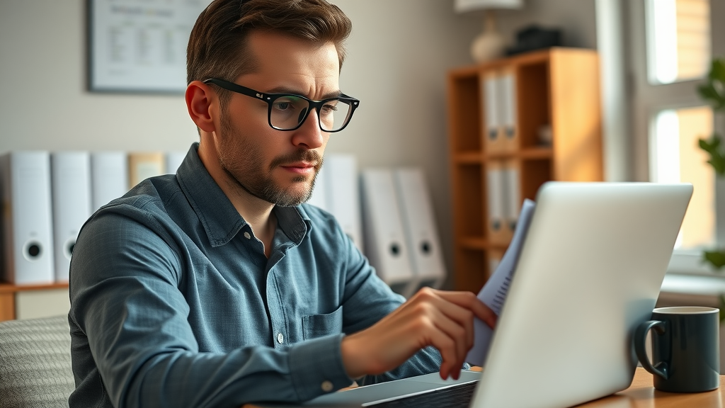 focused small business owner organizing email contact lists for email automation for small business