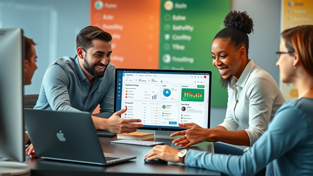 diverse professionals collaborating on marketing software, customizing email marketing templates