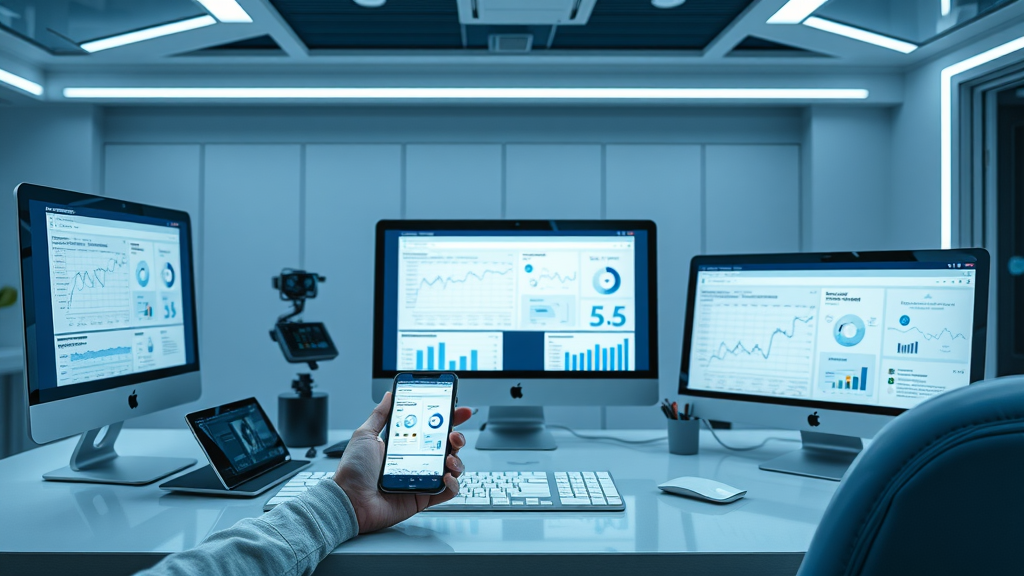 small business workspace with digital marketing tools, analytics apps, futuristic office, productivity, performance tracking