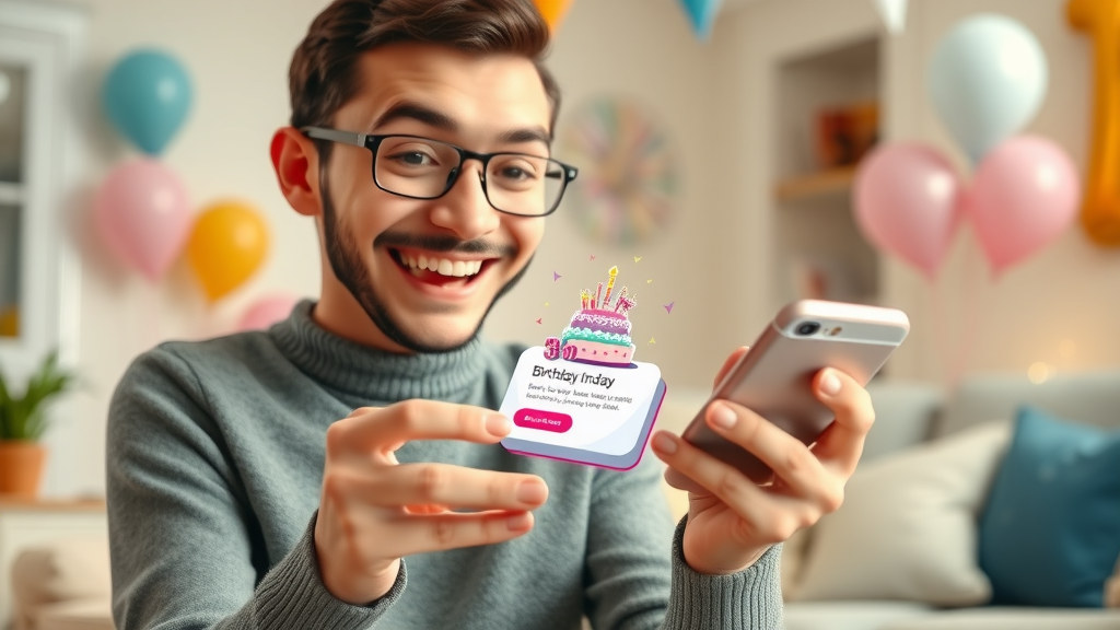 Joyful recipient opening a personalized email on smartphone, receiving a birthday greeting, festive background, balloons, confetti
