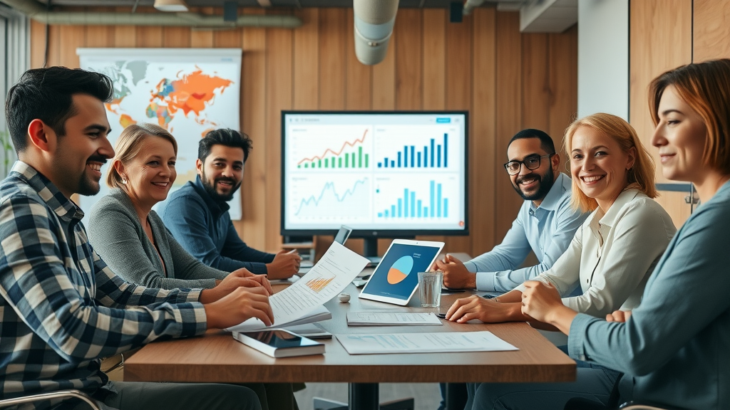 small business owners reviewing email marketing campaign success stories and graphs