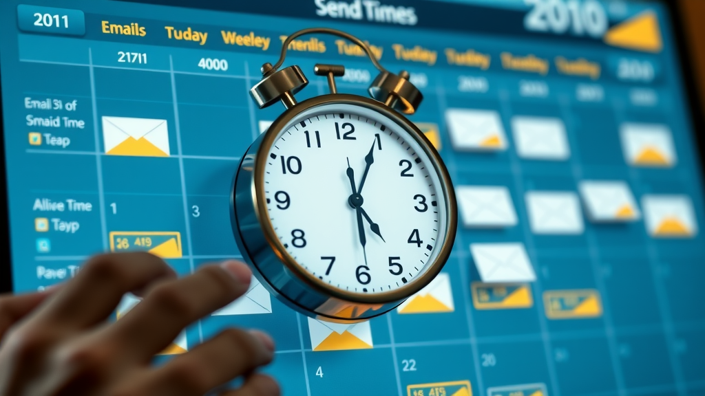 infographic of optimal send times for email marketing, calendar with email icons, clock overlay, digital analytics interface