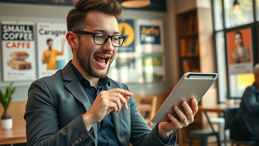 Entrepreneur reviewing results from a social media ad campaign. Social media marketing strategies for small business.