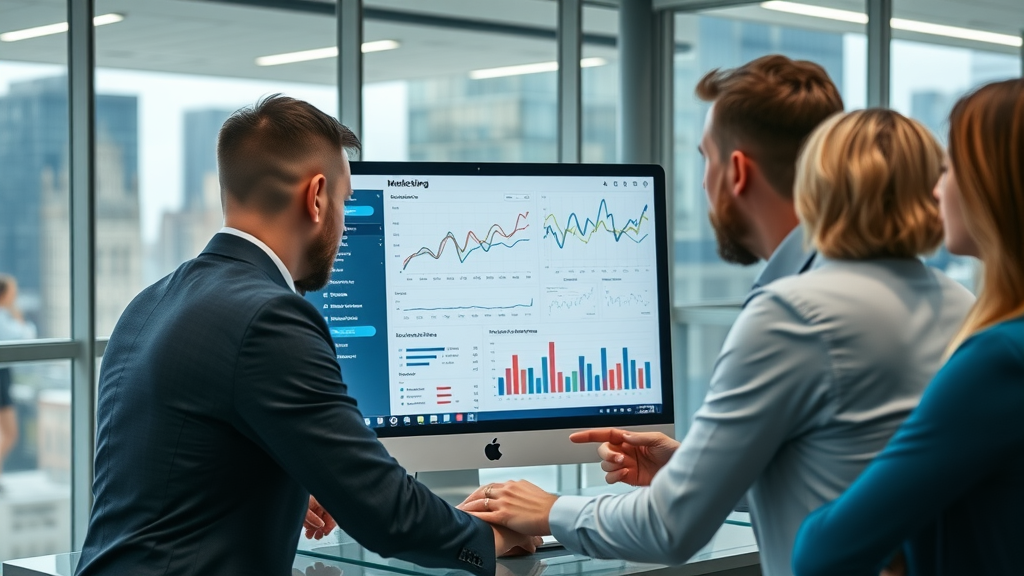 small business team analyzing email marketing campaign performance with dashboards for email automation for small business