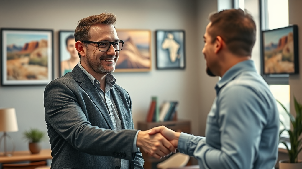 Digital marketing consultant in Albuquerque meeting with small business owner to discuss marketing strategies, local office decor