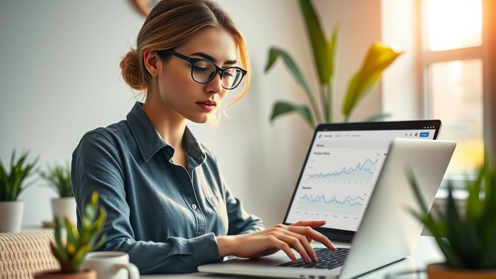 Businesswoman analyzing Google Search Console performance data on a laptop