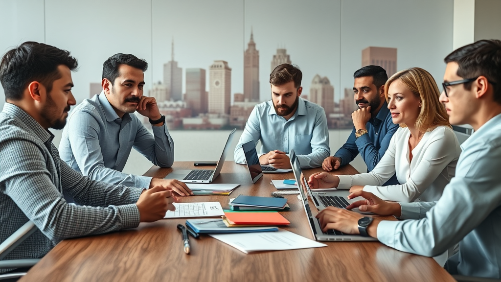 Group of Albuquerque business owners reviewing SEO agency portfolios, discussing options in a high-rise conference setting with skyline view